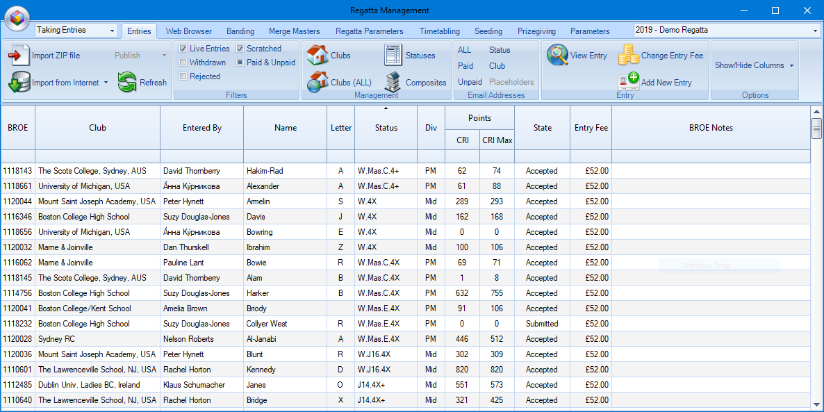 RaceManager Entries tab
