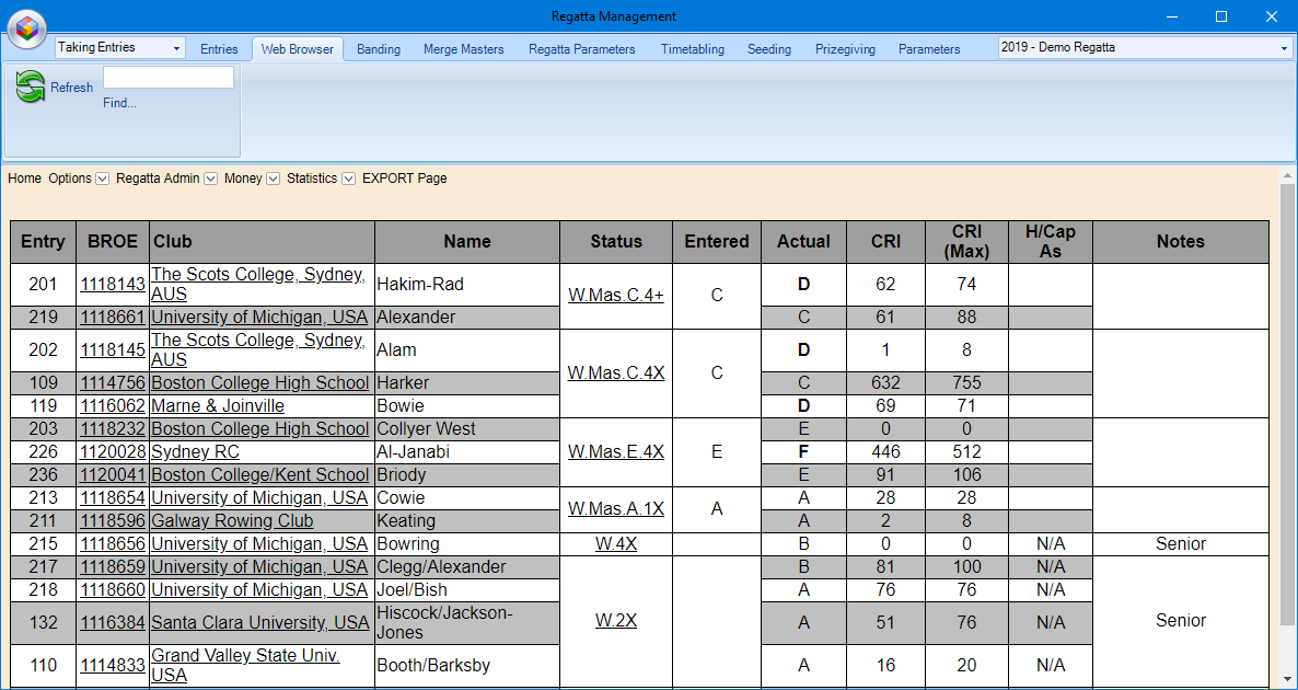 RaceManager Entries tab